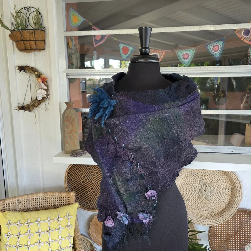 Handmade Nuno Felted Wool Scarf Artisan Boho Chic Bohemian Collar Artsy